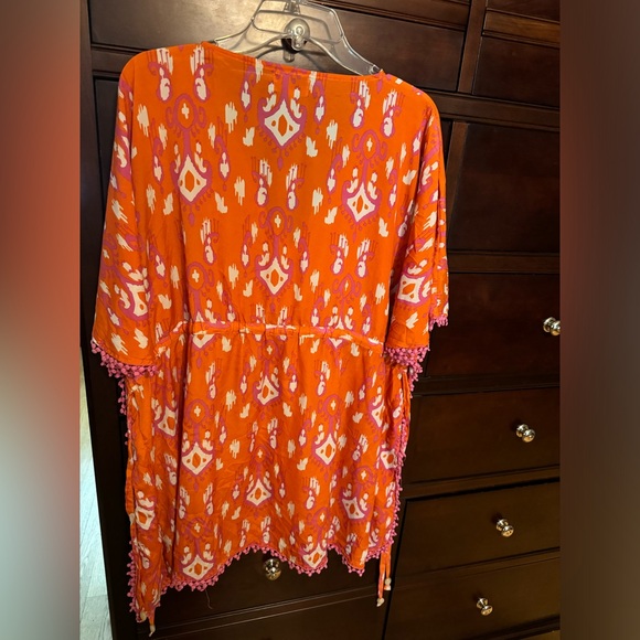 Mud pie beach coverup Orange / pink with pom-pom trim adjustable drawstring L/XL - Picture 7 of 7
